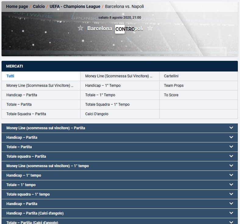 Esempio di possibili scommesse presso il bookmaker